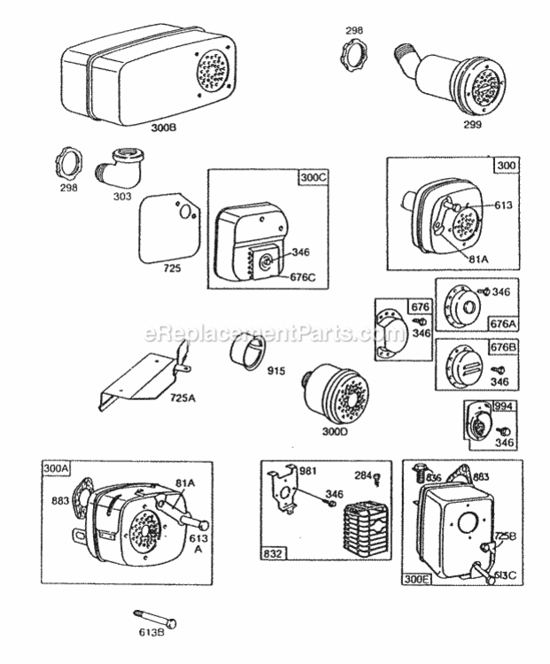 Mufflers And Deflectors Diagram and Parts List for 130202-1881-01 Series Briggs and Stratton Engine
